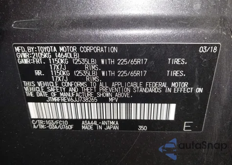 2018 Toyota Rav4 Xle из США, поврежденный, VIN JTMRFREV6JJ738265